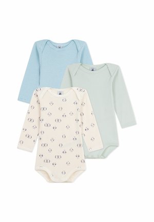Drei langärmelige Babybodysuits: einer hellblau mit Streifen, einer mintgrün und einer cremefarben mit einem Muster aus kleinen Pinguinen.