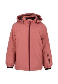 Rosa, wasserdichte Jacke mit Kapuze, durchgehendem Reißverschluss, elastischen Bündchen und Seitentaschen. Sie hat ein kontrastierendes Innenfutter und reflektierende Akzente.