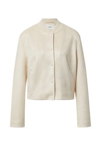 Beige verkürzte Jacke aus weichem Stoff mit rundem Ausschnitt, Knopfleiste vorne und langen Ärmeln.