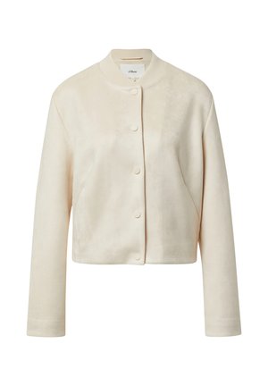 Beżowa krótka kurtka wykonana z miękkiego materiału, z okrągłym dekoltem, zapięciem na guziki z przodu oraz długimi rękawami.