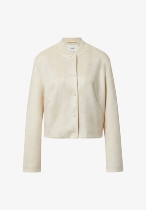 Beige cropped jack gemaakt van zachte stof, met een ronde halslijn, knoopsluiting aan de voorkant en lange mouwen.