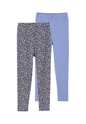 Zwei Leggingspaare nebeneinander, eines einfarbig hellblau, das andere marineblau mit kleinem weißem Blumenmuster.