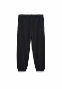 Zwarte joggingbroek gemaakt van zachte, rekbare stof. Heeft een elastische tailleband, taps toelopende pijpen en elastische boorden bij de enkels.