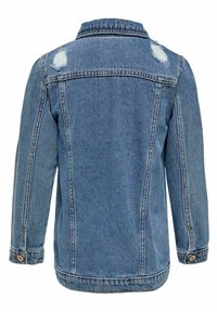 Jeansjacka, ljusblå med slitna detaljer, knappryttar och krage. Har en klassisk passform och synlig sömnad.