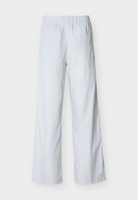 Λευκό παντελόνι με λεπτές κάθετες μπλε ρίγες, ελαστική μέση, ίσια γραμμή και ελαφρύ ύφασμα για καθημερινή χρήση.