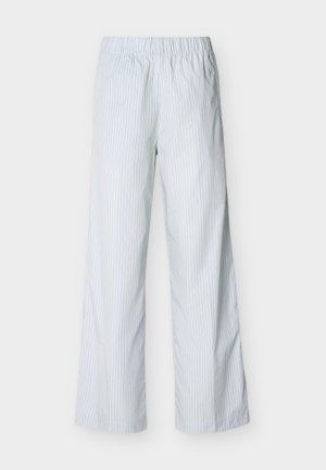 Λευκό παντελόνι με λεπτές κάθετες μπλε ρίγες, ελαστική μέση, ίσια γραμμή και ελαφρύ ύφασμα για καθημερινή χρήση.
