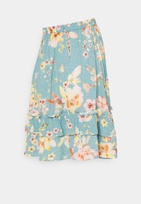 Short, layered skirt featuring a light blue background with a floral pattern in pink, yellow, and white. Elastic waistband.