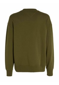 Sudadera verde con un corte relajado, puños y dobladillo de canalé. Textura suave y lisa con cuello redondo y sin logotipos ni adornos visibles.