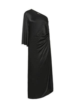 Schwarzes Ein-Schulter-Kleid aus einem glatten, glänzenden Stoff. Es zeichnet sich durch eine lockere Passform, drapierte Details vorne und kurze, flatternde Ärmel aus.