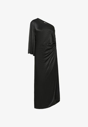 Sort asymmetrisk kjole lavet af et glat, skinnende stof. Har en løs pasform, draperede detaljer foran og korte, flagrende ærmer.