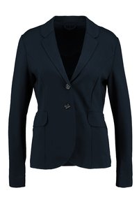 Mörkblå kavaj i slät tyg med en hakkrage, två framfickor och en enkel knappstängning.