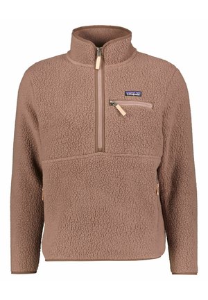 Brun Patagonia fleecepullover med kvartlynlås, lynlåslomme på brystet og høj krave, fremstillet i blødt, struktureret stof.