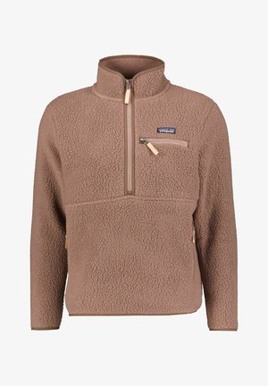Bruine Patagonia fleece trui met kwart ritssluiting, ritstas op de borst en hoge kraag, gemaakt van zachte, gestructureerde stof.