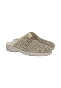 Las zapatillas de casa sin cordones en tonos gris y beige presentan un upper tejido texturizado con un forro de piel sintética y una suela ligera y acolchada. Detalles sutiles de costura decorativa.
