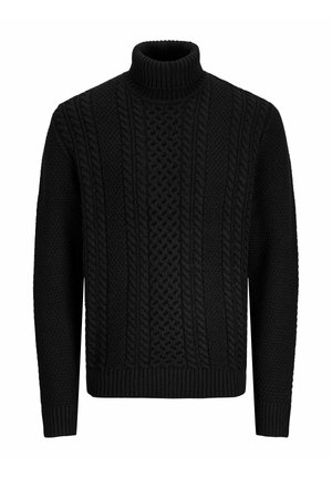 Schwarzer Rollkragenpullover mit einem strukturierten Strickmuster, das erhabene Kabel und gerippte Bündchen aufweist, aus einem dicken, gemütlichen Material gefertigt.