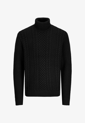 Črni pulover s polo ovratnikom, ki se ponaša z teksturiranim pletenjem z izbočenimi kabelskimi vzorci in rebrastimi manšetami, izdelan iz debelega, udobnega materiala.