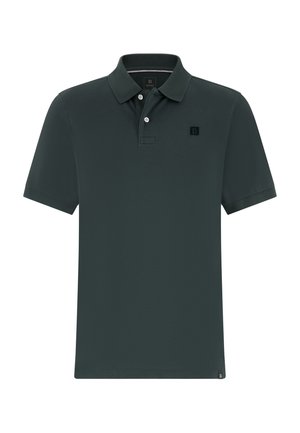 Polo a maniche corte verde scuro con due bottoni bianchi, colletto e piccolo logo nero a forma di "B" sul petto sinistro e sull'orlo.