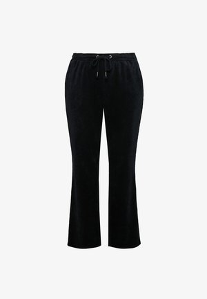 Pantalones de pana azul oscuro con diseño de pierna acampanada, que cuentan con una cintura con cordón y textura acanalada en toda su extensión.