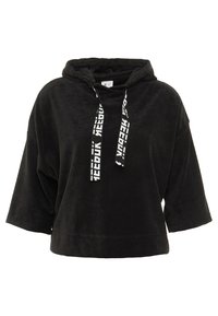 Pull-over à capuche noir en tissu doux et pelucheux. Présente une coupe ample, des manches larges et des cordons avec un motif logo.