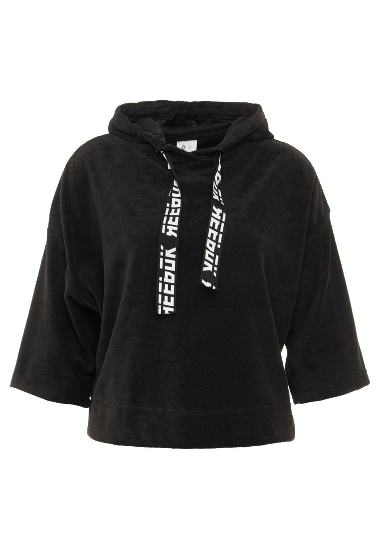 Pull-over à capuche noir en tissu doux et pelucheux. Présente une coupe ample, des manches larges et des cordons avec un motif logo.
