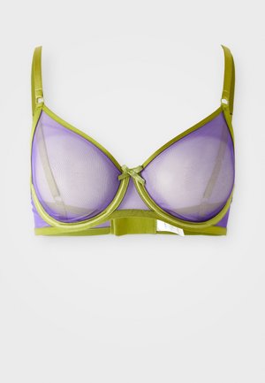 Lila Netz-BH mit grünen Satinakzenten. Mit gepolsterten Unterbrust-Cups, verstellbaren Trägern und einer Schleifendetail in der Mitte. Weicher Stofftextur.