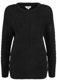 Maglione nero a maglia con scollo rotondo, maniche lunghe e motivo a trecce testurizzate. Le finiture a costine sui polsini e sull'orlo aggiungono dettaglio al design.