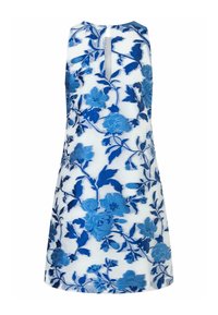 Ärmelloses weißes Kleid mit blauer Blumenstickerei, ausgestattet mit einem Schlüsseleloch-Ausschnitt und einem Knopfverschluss hinten.