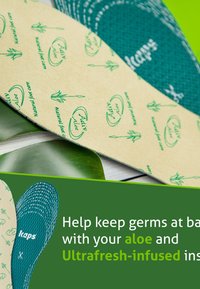 Green and beige insoles featuring Aloe and Ultra-fresh infusion, textured surface, with printed leaf patterns for antibacterial properties.