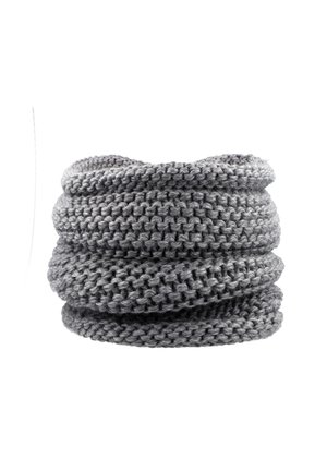 Chunky grey knitted neck warmer with thick textured stitches, folded and stacked against a white background.