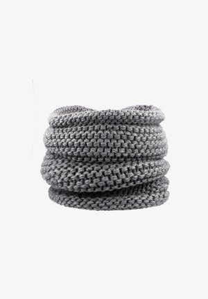Chunky grey knitted neck warmer with thick textured stitches, folded and stacked against a white background.