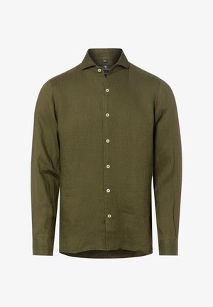 Langärmliges, olivgrünes Hemd mit Knopfleiste, klassischem Kragen und weißen Knöpfen, auf weißem Hintergrund dargestellt.