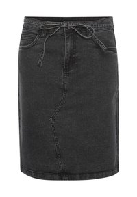 Musta farkkuhame, jossa on vyötärösolmittava nauha, lyijykynämallinen leikkaus, hienovaraiset ompeludetaljit ja sivutaskut. Sileä pinta ja polven mittainen pituus.