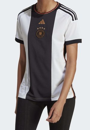Adidas women's jersey in black, white, and red. Features three black stripes on sleeves, gold team crest, and three gold stars.