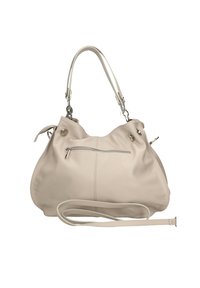 Sac à main en cuir beige à forme arrondie, avec deux poignées, poches zippées et ouvertes, et accents de ferrures de couleur argentée.