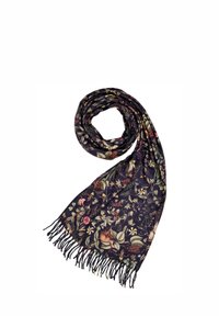 Floral-patterned scarf in dark navy fabric with vibrant flowers and leaves. Finished with delicate fringe edges, lightweight and soft texture.