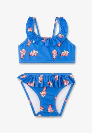 Blaues Bikini-Set mit Rüschendetails. Das Oberteil hat einen rüschenden Ausschnitt und Fischmuster; das Unterteil weist eine passende Rüsche und ähnliche Designs auf.