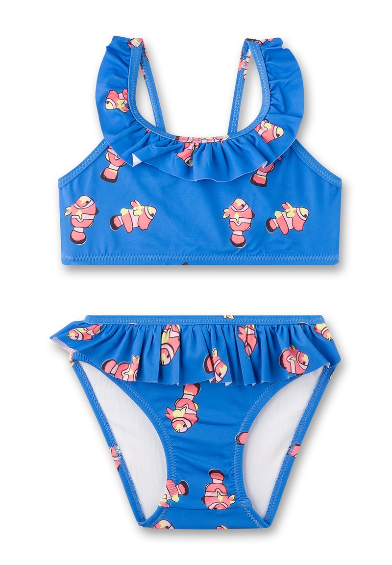 Blaues Bikini-Set mit Rüschendetails. Das Oberteil hat einen rüschenden Ausschnitt und Fischmuster; das Unterteil weist eine passende Rüsche und ähnliche Designs auf.