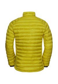 Giacca trapuntata gialla brillante con cuciture orizzontali, maniche lunghe e colletto alto, mostrata da dietro su uno sfondo bianco.