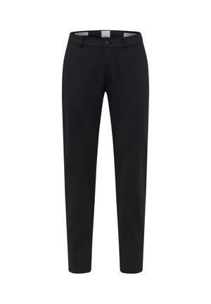 Op maat gemaakte zwarte broek met een recht vallend ontwerp, gemaakt van een soepele stof. Voorzien van een knoopsluiting en riemlussen.