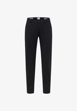 Maßgeschneiderte schwarze Hosen mit geradem Bein, aus einem glatten Stoff gefertigt. Verfügt über einen Knopfverschluss und Gürtelschlaufen.