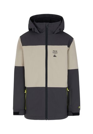 Veste imperméable avec capuche, présentant des blocs de couleur gris, beige et noir, des poches zippées et un logo sur la poitrine.
