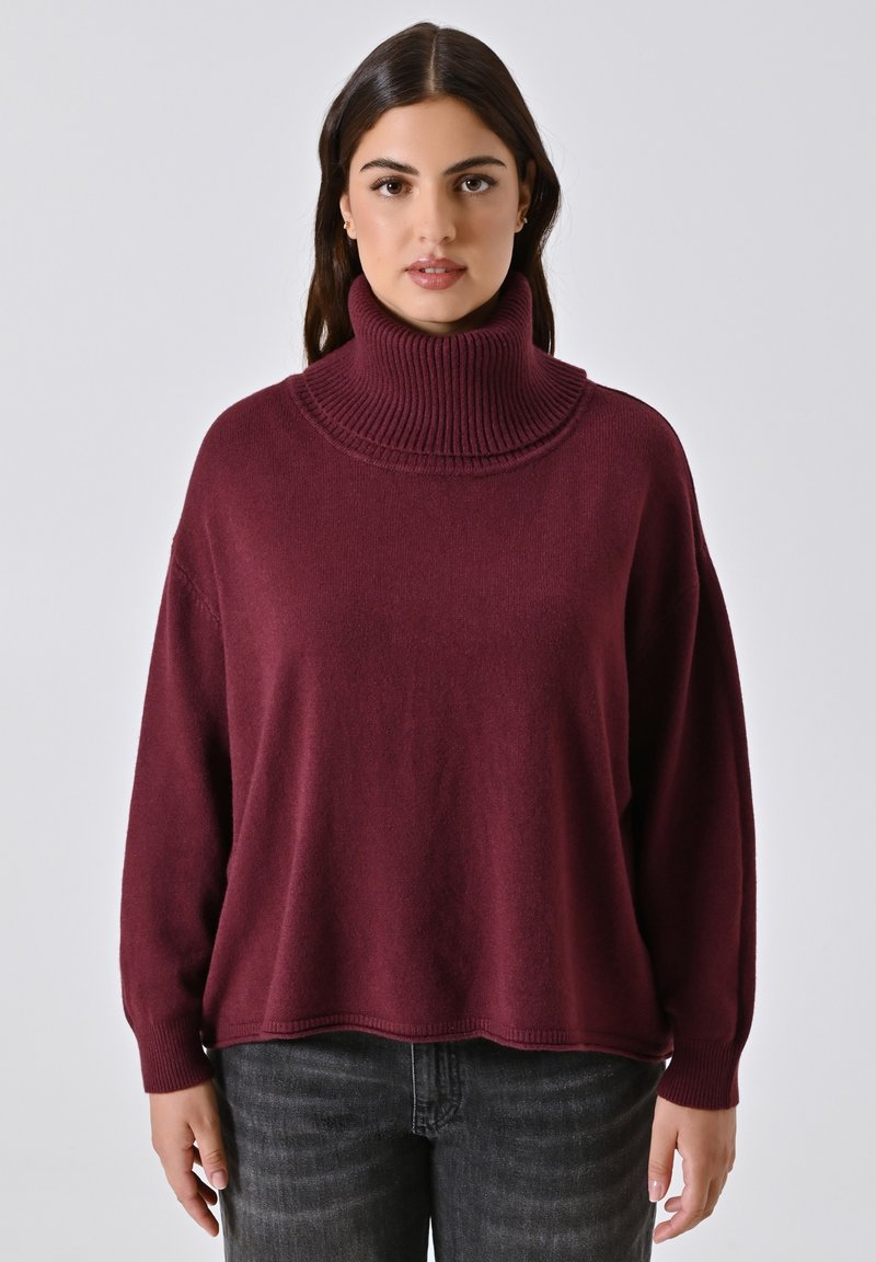 Burgunderfarbener Rollkragenpullover aus weichem Stoff. Hat einen hohen, gerippten Kragen und eine lockere Passform mit langen Ärmeln. Wird mit dunklen Jeans getragen.