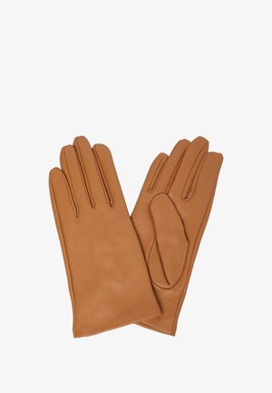 Skórzane, brązowe rękawiczki z pięcioma palcami, miękka faktura, gładkie wykończenie i subtelne detale w szwie. Zaprojektowane z myślą o ciepłu i komforcie.
