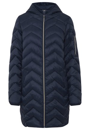 Mornarsko puhovko z zasnovo v črti čevljanih žarkov, z zadrgo spredaj, kapuco in zadrgo na levem rokavu.