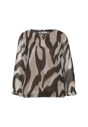 Langärmelige Bluse mit braunem, beigem und weißem abstraktem Tierdruck, rundem Ausschnitt mit kleinem V-Schnitt und gesammelten elastischen Bündchen.