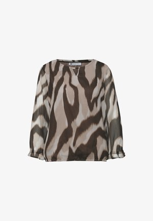 Blouse à manches longues avec imprimé animal abstrait marron, beige et blanc, col rond avec petite découpe en V, et poignets élastiqués froncés.