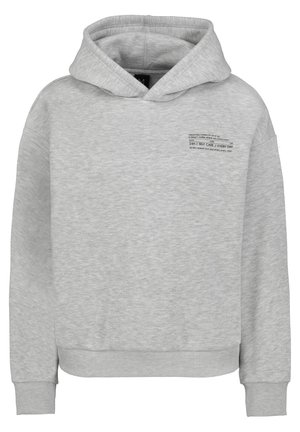 Grijze hoodie van zachte stof, met een voorzak, ribgebreide manchetten en een grafische tekst op de borst.