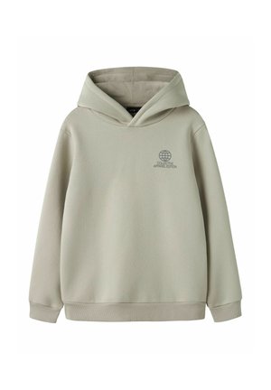 Sweat à capuche beige clair à manches longues avec un petit logo foncé portant la mention "Collective Apparel Edition" sur la poitrine gauche.