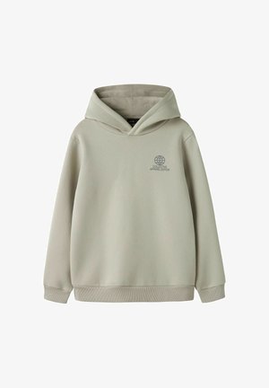 Lyse beige hættetrøje med lange ærmer og lille mørkt logo med teksten "Collective Apparel Edition" på venstre bryst.