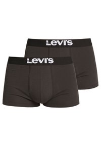 Kaksi paria tummanharmaita boxereita, jotka on valmistettu pehmeästä puuvillasta, mustalla vyötärönauhalla, jossa on valkoista "Levi's"-brändäystä ja kontrastivärisiä saumoja.